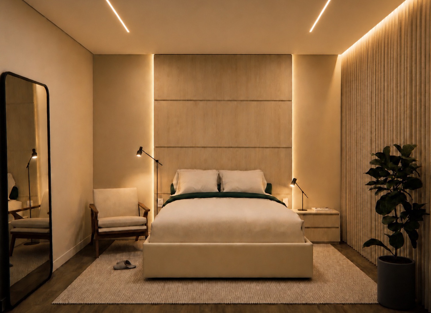 Quarto com iluminação de sanca (cove) atrás da cabeceira e abajures, projeto de Gabriel Flores